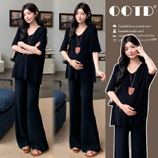 現货~夏季新款孕妇冰丝针织V领短袖上衣阔腿裤韩系慵懒宽松套装