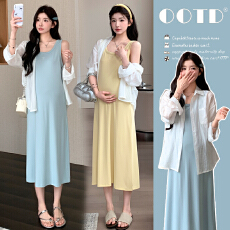 批发现~实拍夏季孕妇防晒天丝条纹衬衣＋蝴蝶结刺绣冰感棉背心裙套装