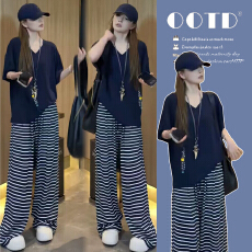 批发现~实拍2026<b class='q'>夏季</b>孕妇短袖V领慵懒上衣＋猪鼻扣条纹休闲阔腿裤套装