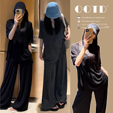 批发現~实拍夏季新款孕妇<b class='q'>V</b>领短袖<b class='q'>上衣</b>阔腿<b class='q'>裤</b><b class='q'>韩</b>系慵懒宽松套<b class='q'>装</b>