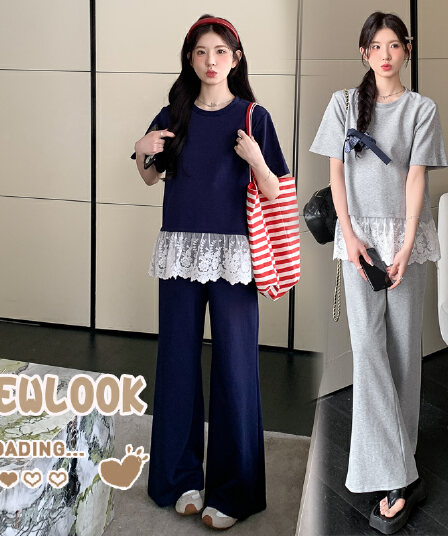선물 실사 2026 여름 새로운 임산부 티셔츠 레이스 조각 부츠컷 와이드 레그 팬츠 바지 느긋한 루즈핏 세트