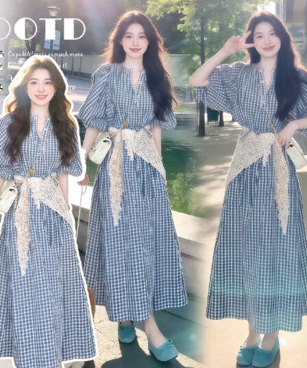 지금 지금 2026 여름 새로운 임신 엄마 거품 소매 프랑스식 레트로 체크무늬 드레스 미니멀리즘 관대 한 휴가 치마