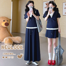 批发实拍2026孕妇夏季假两件连帽拉链休闲上衣+半裙可调节腰围套装