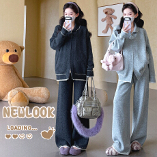 批发秋冬新品~实拍翻领流苏拉链撞色毛衣开衫休闲阔腿裤时尚套装