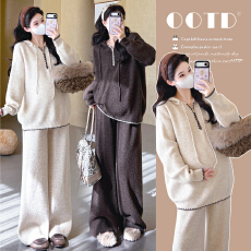 批发秋冬新品~<b class='q'>孕妇</b><b class='q'>连帽</b>半拉链老钱风慵懒撞色时尚毛衣阔腿裤时尚套装