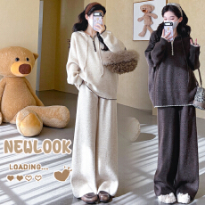 批发秋冬新品~<b class='q'>孕妇</b><b class='q'>连帽</b>半拉链老钱风慵懒撞色时尚毛衣阔腿裤时尚套装