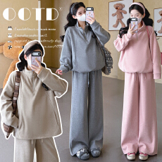批发<b class='q'>秋</b>冬新品~半拉链孕妇时尚休闲抽绳套头上衣阔腿裤猪鼻扣调节套装