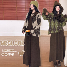 批发秋冬新品~配连帽披肩经典菱格毛衣套装女秋冬慵懒宽松休闲套装