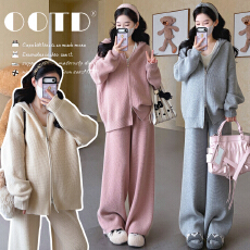 秋冬新品~现~实拍孕妇华夫格拉链休闲款时尚阔腿裤毛衣宽松套装