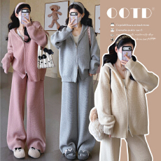 秋冬新品~现~实拍孕妇华夫格拉链休闲款时尚阔腿裤毛衣宽松套装