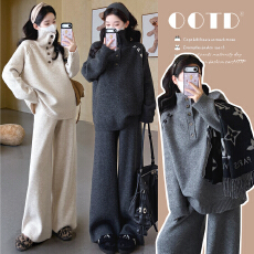 实拍秋冬新品~孕妇秋冬加厚高领系扣套头毛衣阔腿裤休闲套装+马甲