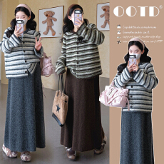 批发实拍~秋冬新品~条纹经典撞色毛衣半裙套装女秋冬慵懒宽松休闲套装