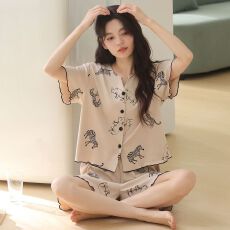 批发腾升（带胸垫）100%<b class='q'>纯棉</b><b class='q'>睡衣</b>女夏季短袖短裤开衫直播爆款家居服