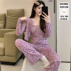 批发腾升B粉色豹纹<b class='q'>三件套</b><b class='q'>睡衣</b>四面弹仿棉露腰长裤带胸垫套装