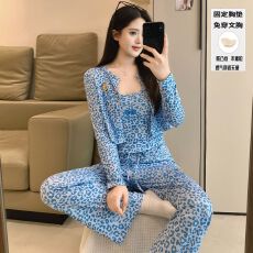 批发腾升B粉色豹纹<b class='q'>三件套</b><b class='q'>睡衣</b>四面弹仿棉露腰长裤带胸垫套装