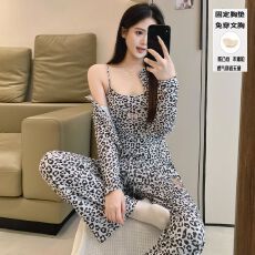 批发腾升B粉色豹纹<b class='q'>三件套</b><b class='q'>睡衣</b>四面弹仿棉露腰长裤带胸垫套装