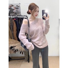 批发时尚休闲风秋冬新款小众设计感斜肩长袖毛衣微喇休闲裤