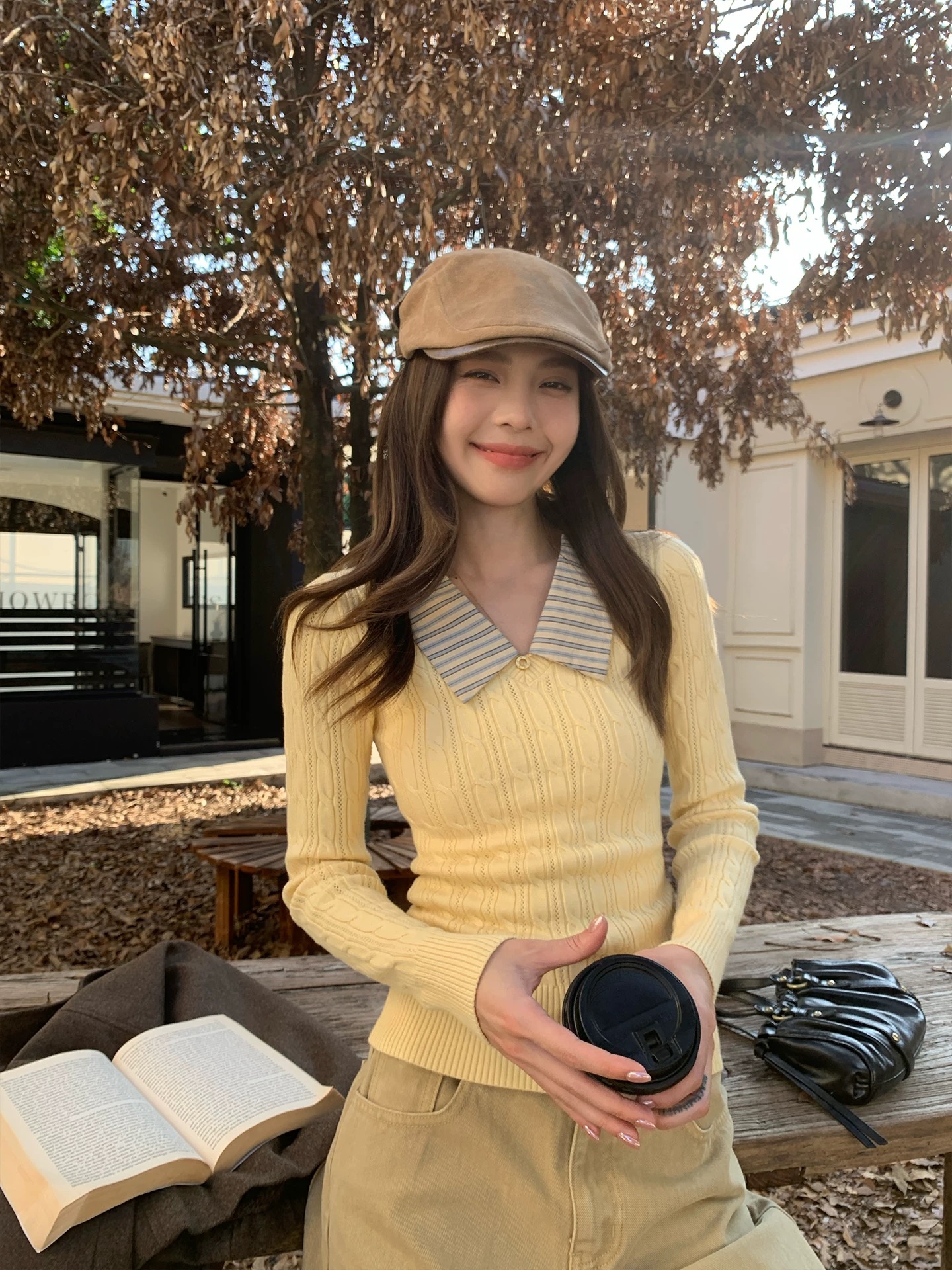 송 긍정적 인 En 황색 V넥 꽈배기 싸움 스트라이프 페이크 레이어드 스웨터 니트 스웨터 여자 겨울 새로운 인사이드 잡아라. 의류