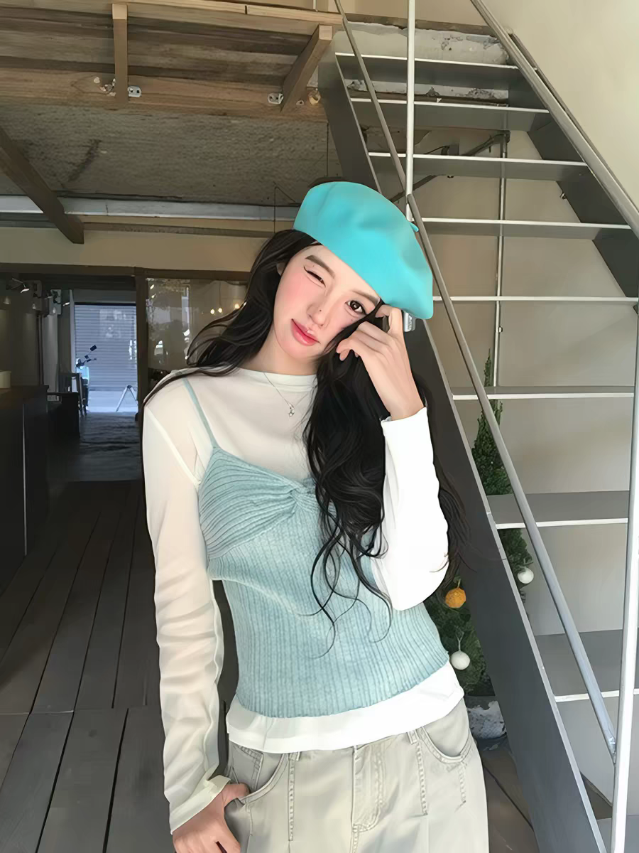 핀치 Pleat 나비 매듭 니트 캐미솔 라운드 넥 긴팔 스택 착용 만나는 티셔츠 두 조각 여성 세트