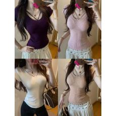 批发姐系天菜 纯色<b class='q'>百搭</b>显瘦修身v领收腰小飞袖针织上衣