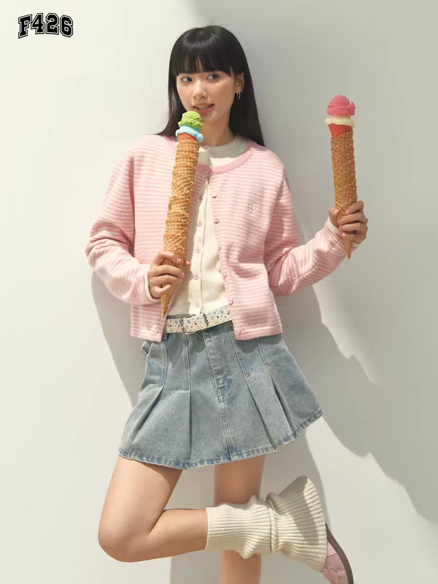 봄 새로운 캐주얼 다용도 페이크 레이어드 스트라이프 스웨터 오픈 가디건 여성 코트