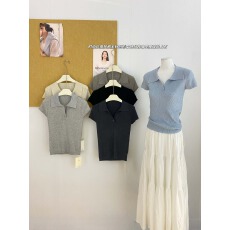 批发2026夏季新款半开领时尚坑条短袖毛针织衫<b class='q'>女</b>独特修身显瘦减龄上衣