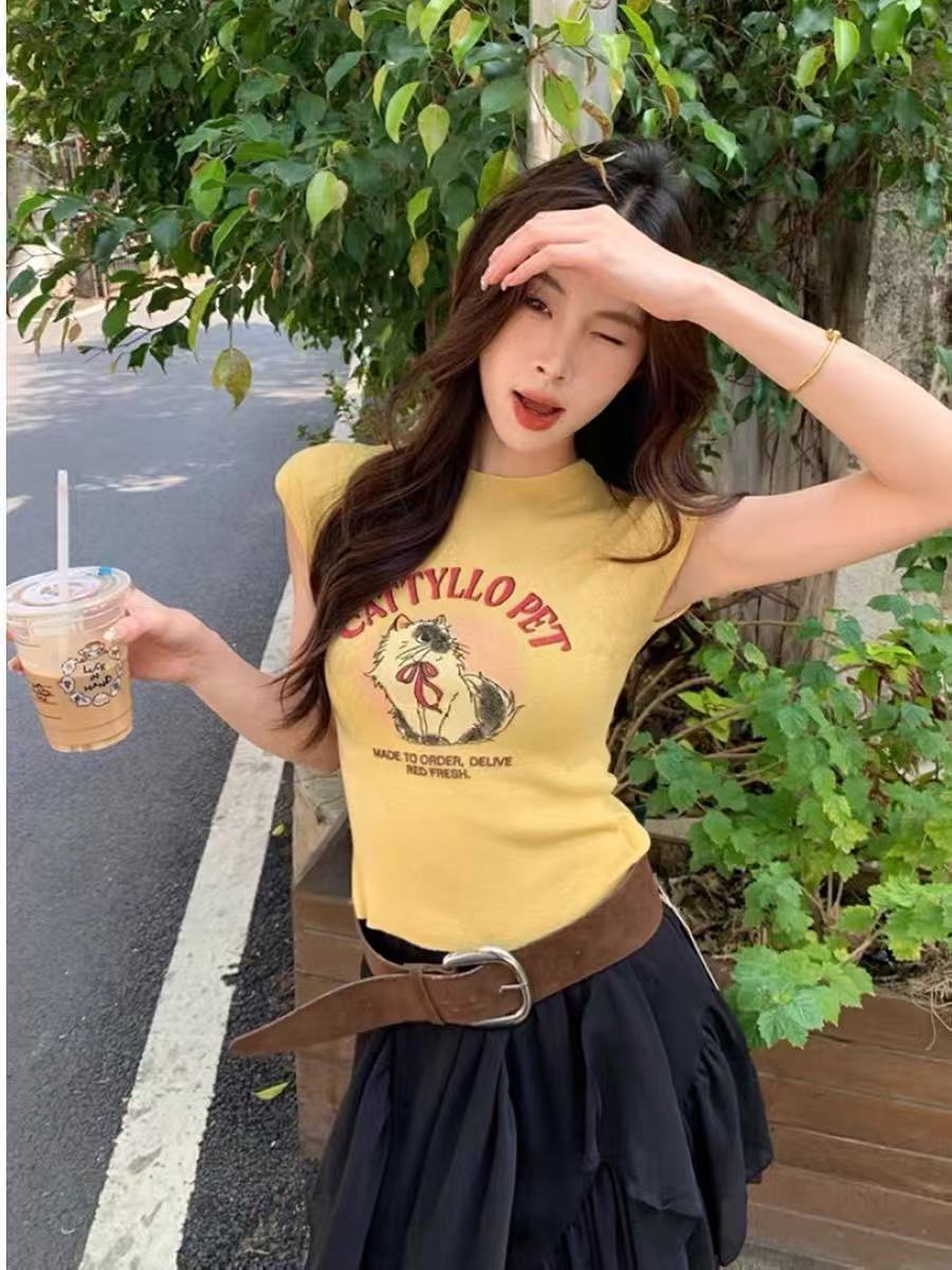 한 부서 ins 바람 고양이 프린트 니트 티셔츠 여성 2026 새로운 라운드 넥 몸매 가꾸기 슬림해 보이는 맨위 여성