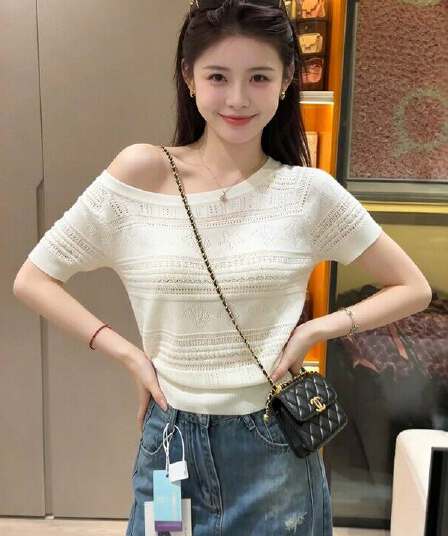한 부서 부드러운 바람 홀로우 아웃 자수 비스듬한 어깨 반팔 니트 스웨터 여성 여름 미니멀리즘 기초 섹션 허리 수축 슬림해 보이는 맨위