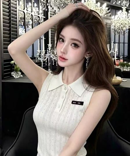 빛 럭셔리 바람 POLO 칼라 홀로우 아웃 니트 스웨터 여성 여름 새로운 몸매 가꾸기 슬림해 보이는 품격 패션 조끼 외출용 맨위
