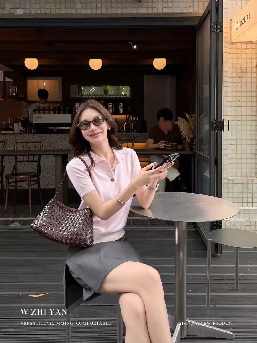 왕 지혜 妍 부드러운 품격 슬림해 보이는 핑크색 반팔 POLO 셔츠 여성 여름 얇은 스타일 캐주얼 다용도 니트 맨위