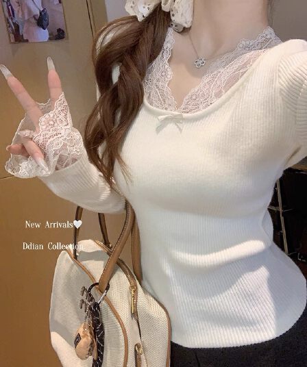 레드 맨 파빌리온 화이트 스웨터 여자 봄 가을 인사이드 가져 가라. 긴팔 맨위 느긋한 고급 센스 풀오버 레트로 레이스 니트 스웨터