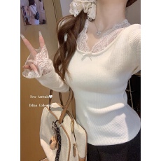 批发红人馆白色毛衣女春秋内搭<b class='q'>长袖</b>上衣慵懒高级感套头复古蕾丝针织衫