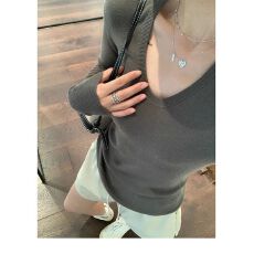批发<b class='q'>长袖</b>毛衣打底衫女秋季设计感修身针织衫显瘦内搭灰色上衣小众