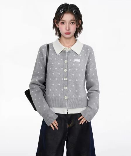 아메리칸 회색 긍정적 인 어깨 POLO 칼라 페이크 레이어드 스웨터 오픈 가디건 여성 코트 가을 겨울 몸매 가꾸기 슬림해 보이는 니트 스웨터 맨위