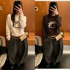 批发韩系圆领卡通提花针织衫女毛衣甜酷穿搭上衣学院风拼色秋冬加厚