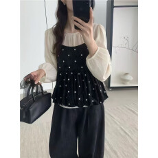 批发实拍 秋季波点吊带背心女宽松长袖衬衫高级感两件套