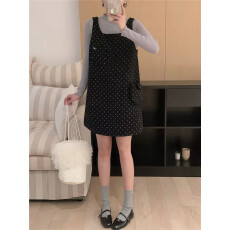 批发实拍 秋冬波点毛呢厚实背心裙配包包叠穿木耳边针织打底衫三件套