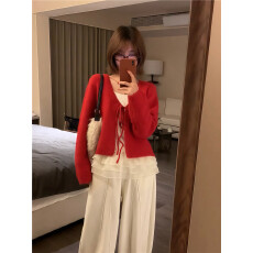 批发实拍 秋冬真两件套针织开衫外套网纱荷叶边三层吊带<b class='q'>套装</b>