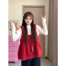 批发实拍 韩版毛绒<b class='q'>宽松</b>短款背心吊带叠穿<b class='q'>宽松</b>打底衫两件套