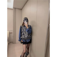 批发实拍 复古豹纹针织马甲<b class='q'>背心</b>叠穿<b class='q'>牛仔</b>长袖衬衫两件套装