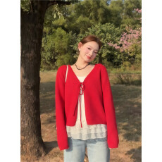 批发实拍 <b class='q'>秋</b>冬真两件套针织开衫外套网纱荷叶边三层吊带套装