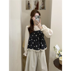 实拍 圆领百搭小衫叠穿刺绣蕾丝拼接背心吊带两件套套装