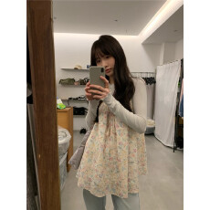 批发实拍 棉麻印花碎花吊带连衣裙叠穿木耳边长袖打底衫两件套