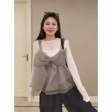 批发实拍 韩系设计款长袖打底叠穿网纱蝴蝶结两面穿娃娃衫背心两件套
