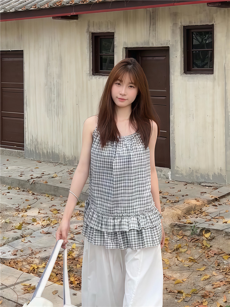 실사 순수한 욕망 이중층 프릴 배색 체크무늬 캐미솔 치마 맨위