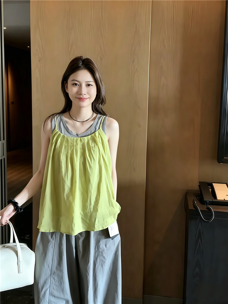 실사 한국 스타일 루즈핏 순면 조끼 만나는 스택 착용 주름 면 린넨 플리츠 슬립 투피스 세트