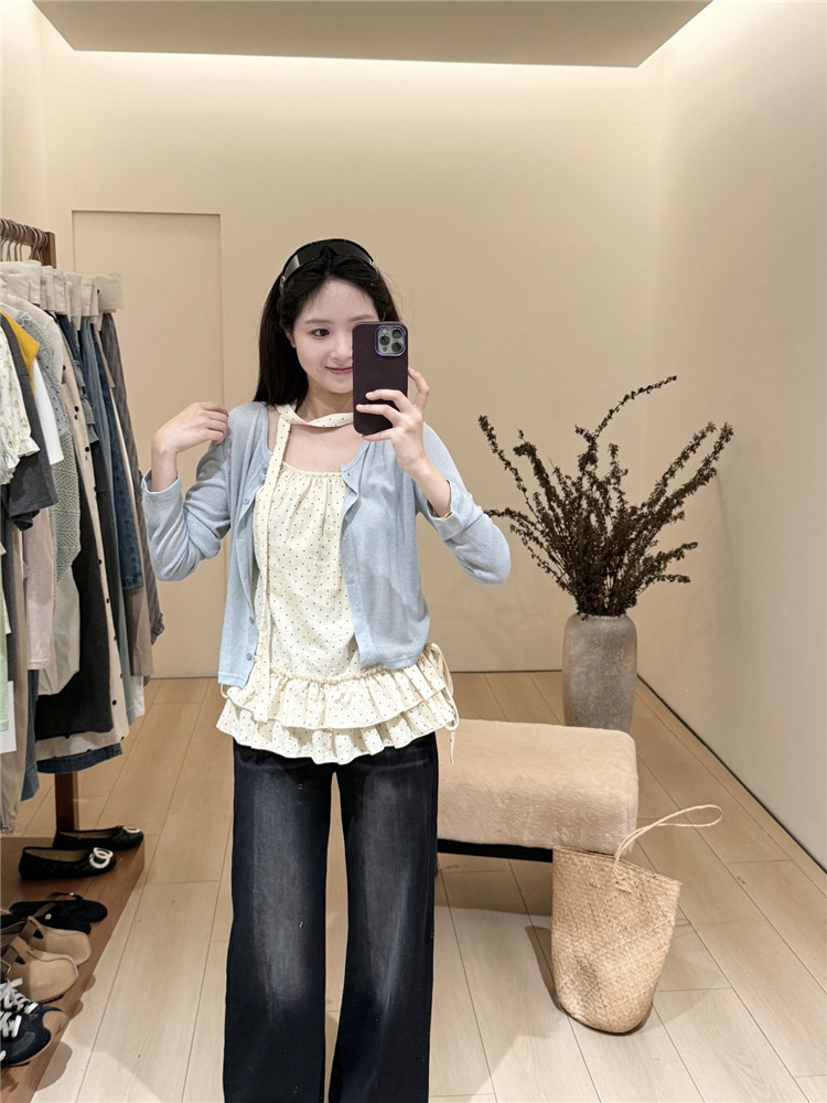 실사 한 부서 프릴 도트 무늬 캐미솔 자외선 차단 오픈 가디건 에어컨 서비스 얼음 실크 재킷