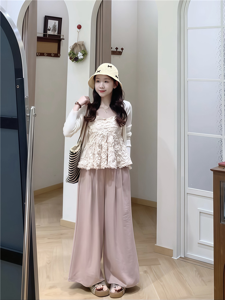 실사 베이지 색 긴팔 오픈 가디건 작은 외투 3 차원 꽃 캐미솔 핑크색 얇은 스타일 긴 바지 3종 세트