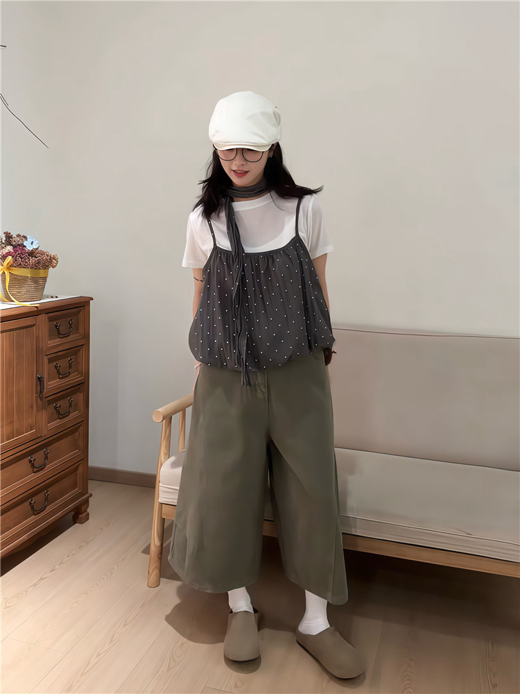 실사 단색 반팔 티셔츠 도트 무늬 캐미솔 목도리 스카프 3종 세트