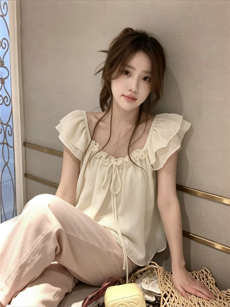 실사 프릴 레이스업 이중층 Feifei 소매 쉬폰 블라우스 슬림해 보이는 맨위